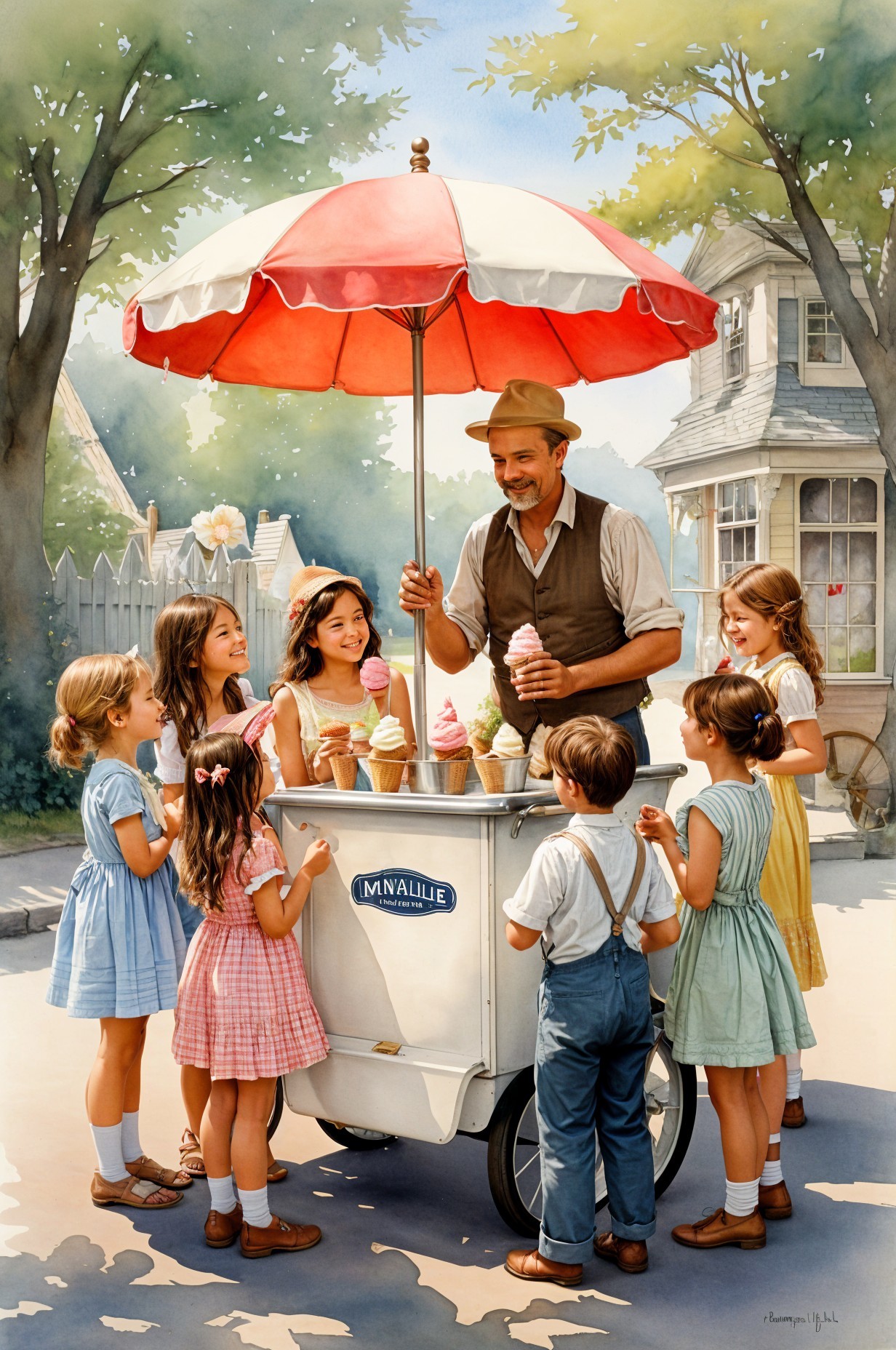 Cheerful Ice Cream Vendor Serves Children on Summer Day