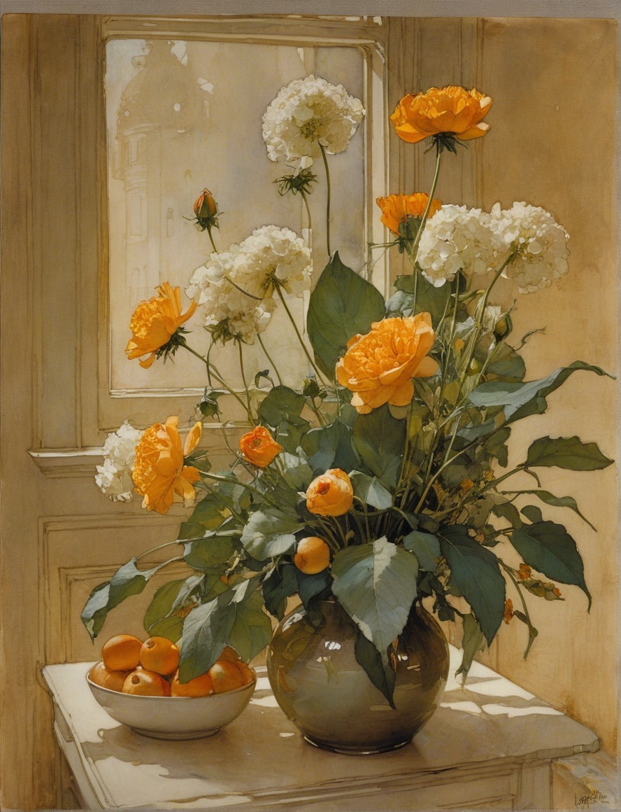 Vibrant Still Life with Flowers and Fresh Oranges