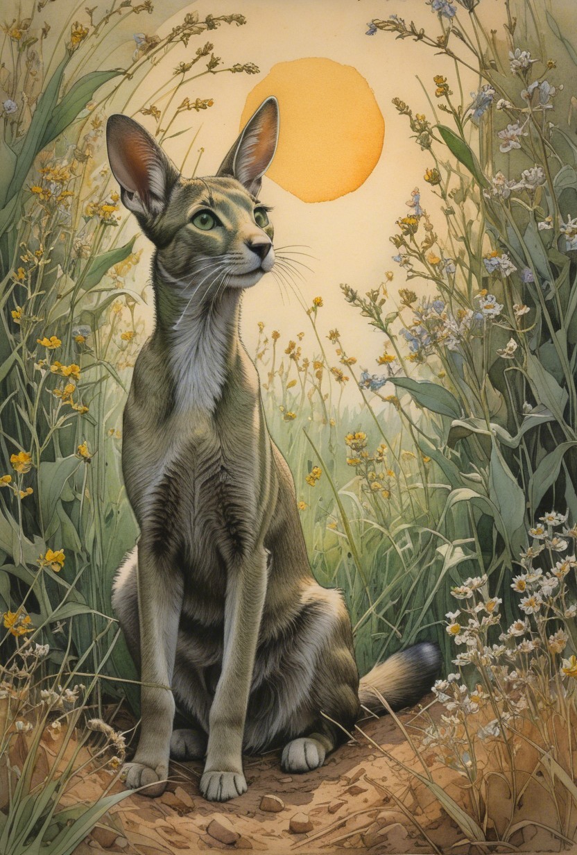 Majestic wildcat in a field of wildflowers at sunset