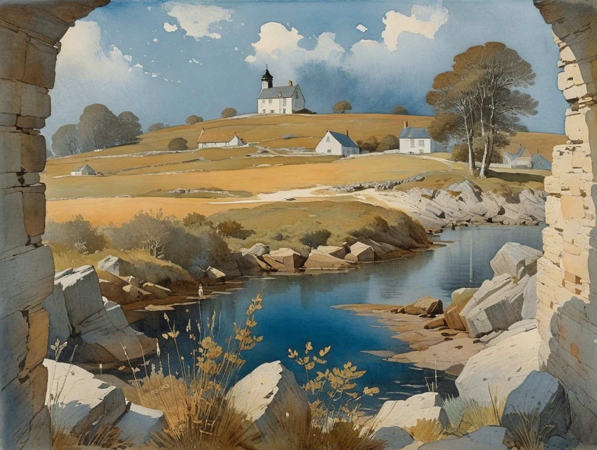 Tranquil Landscape Through Stone Archway Viewpoint