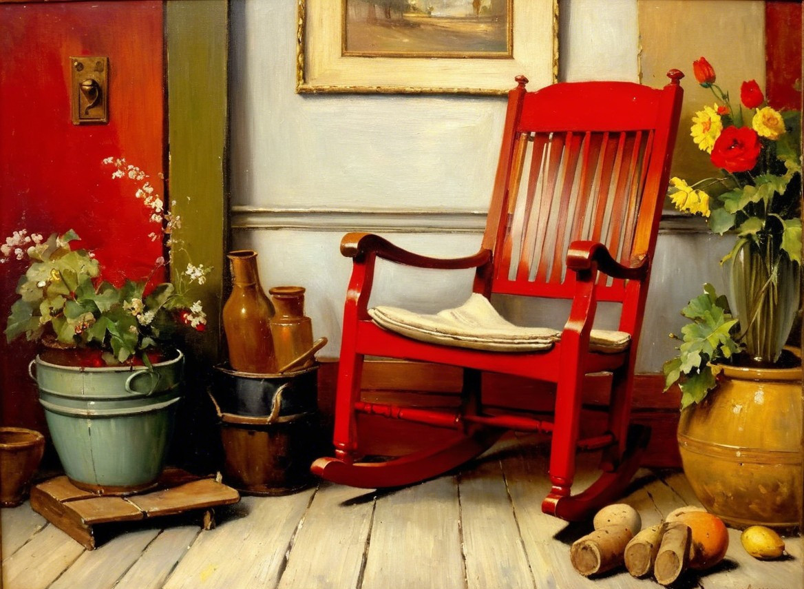 Cozy interior with red rocking chair and plants