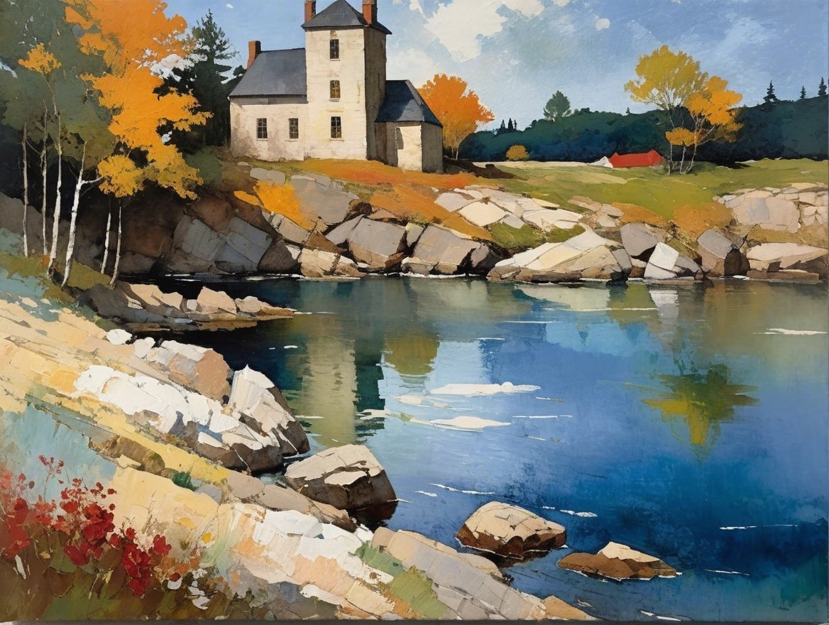 Tranquil Lake Landscape with Autumn Trees and House