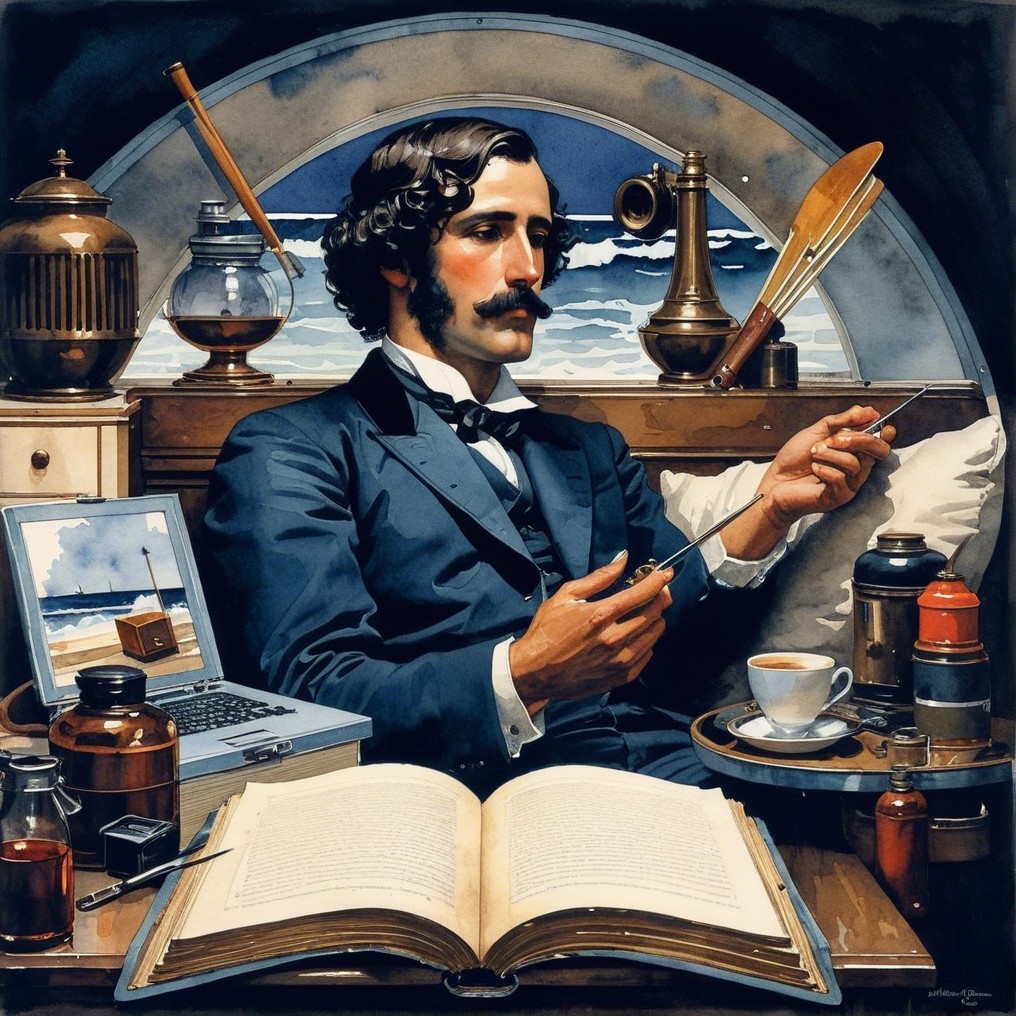 Gentleman at Desk with Vintage Gadgets and Landscape View
