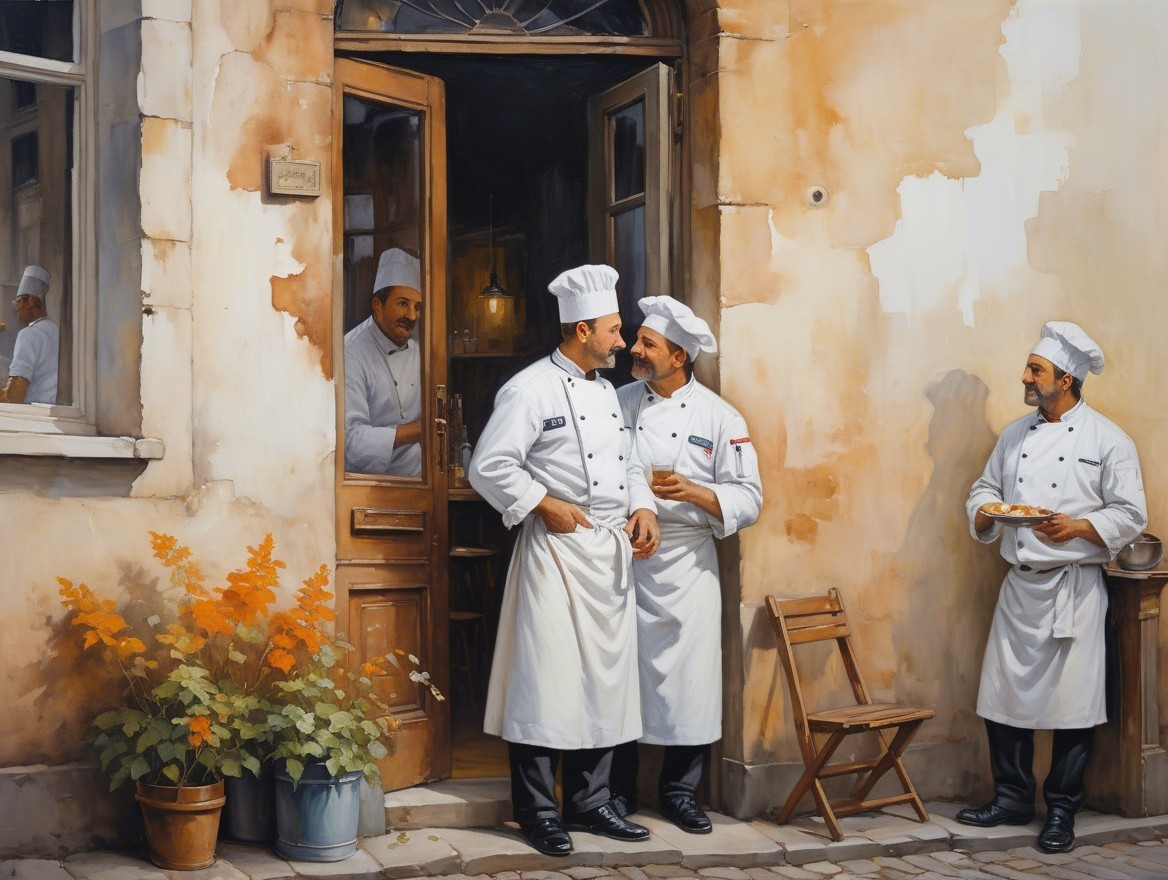 Chefs Conversing Outside Rustic Restaurant with Flowers