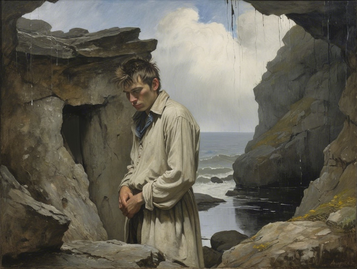 Moody Oil Painting of a Young Man in a Cave