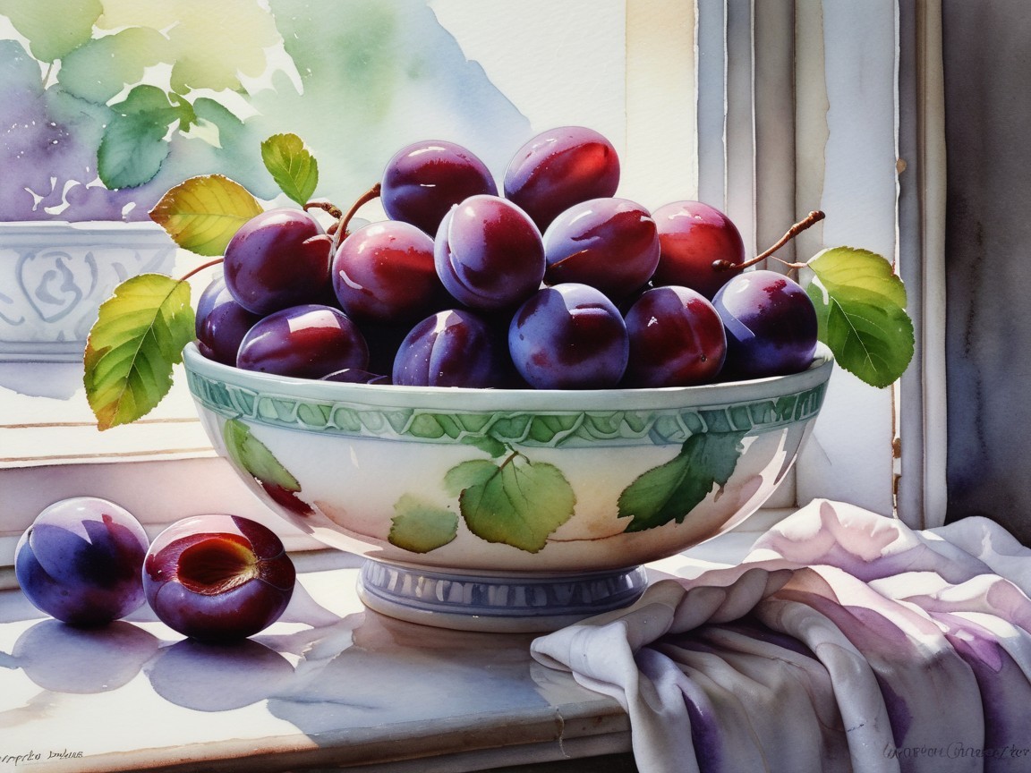 Watercolor Painting of Plums in a Decorative Bowl
