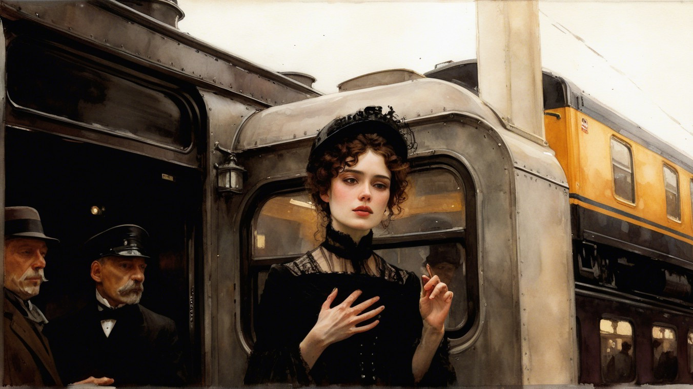 Elegant woman in black dress at vintage train station