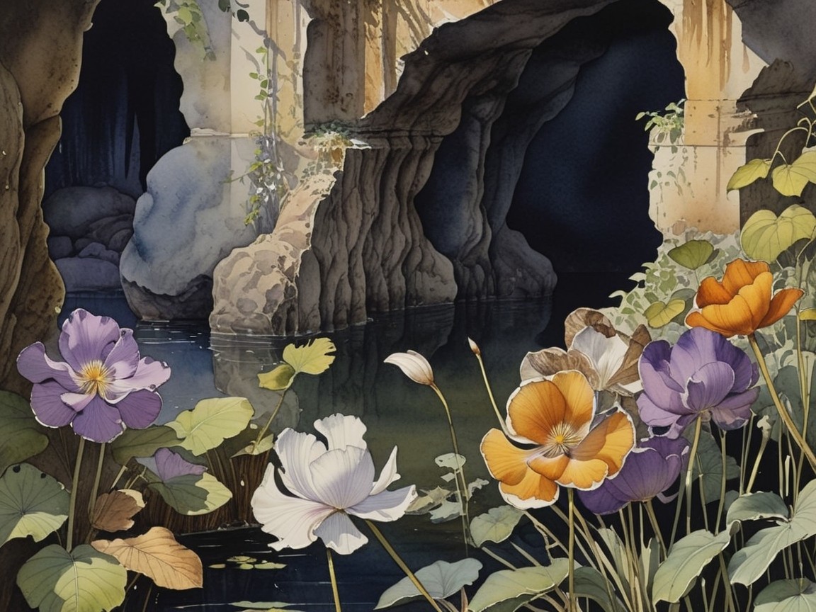 Underwater Grotto with Rock Formations and Flowers