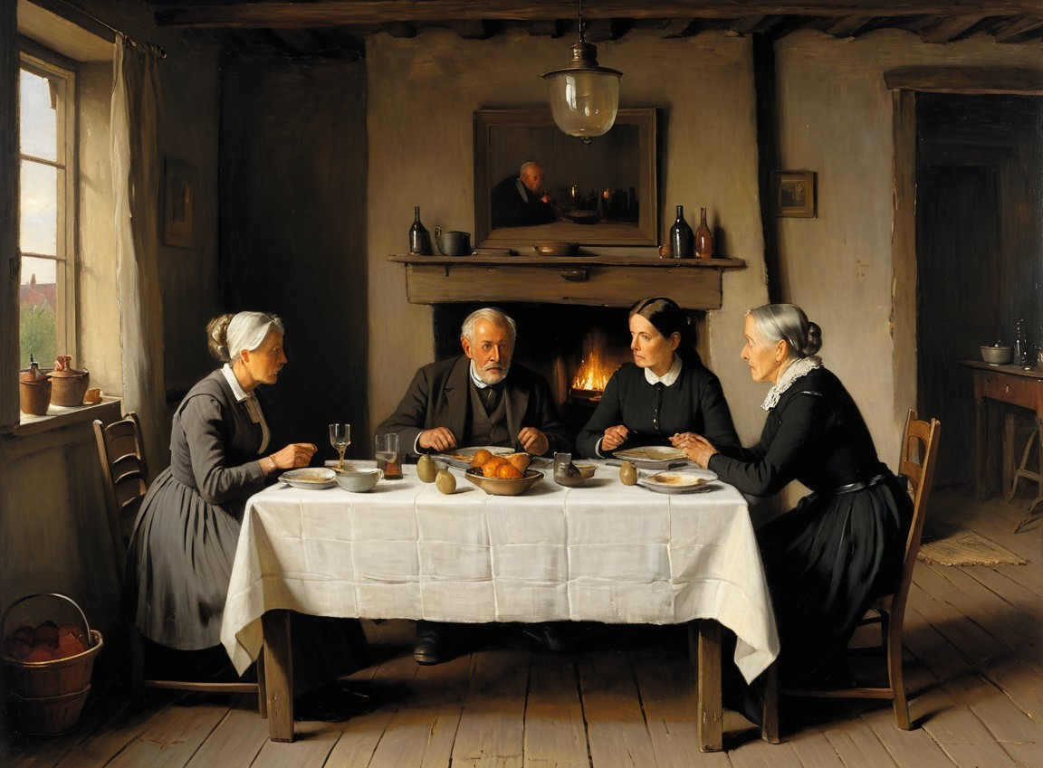 Rustic Interior Scene with Four People Sharing a Meal