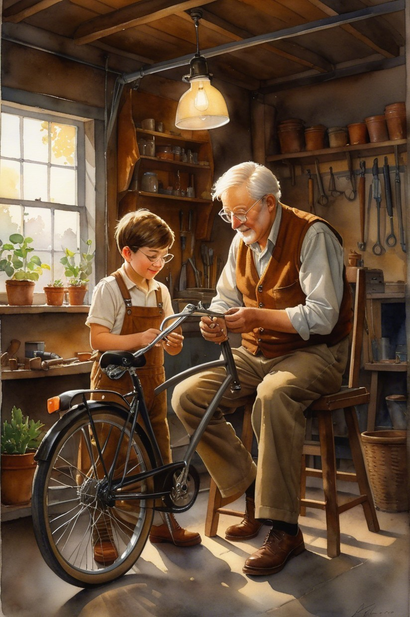 Elderly Man and Boy Repair Bicycle in Cozy Workshop