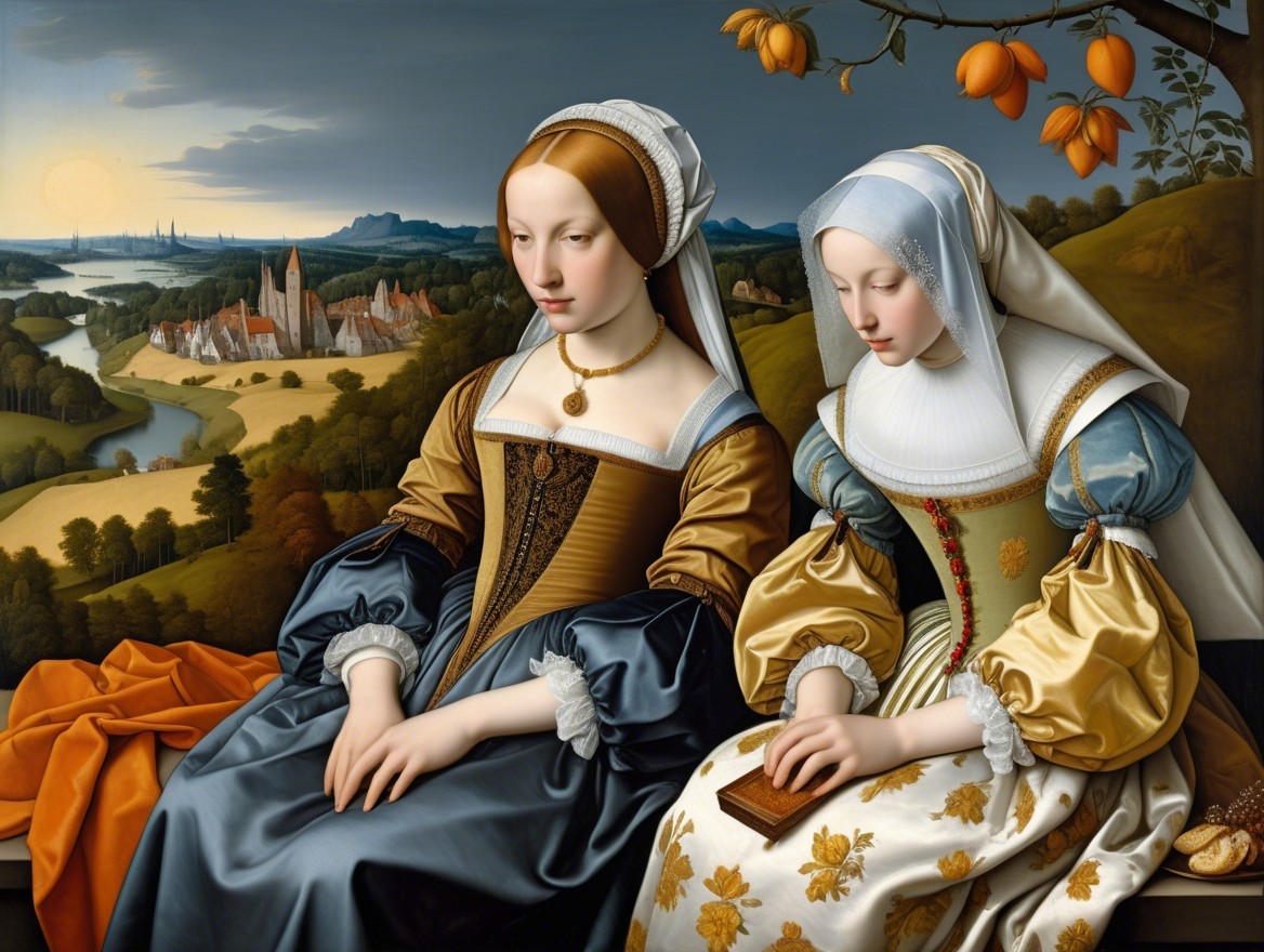 Elegant Women in Serene Landscape with Sunset