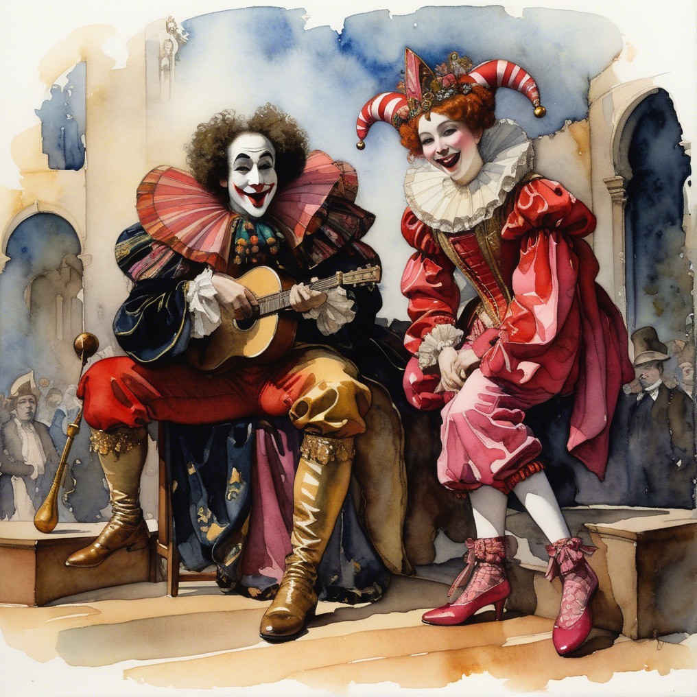 Clown and Jester Perform in Colorful Festive Scene