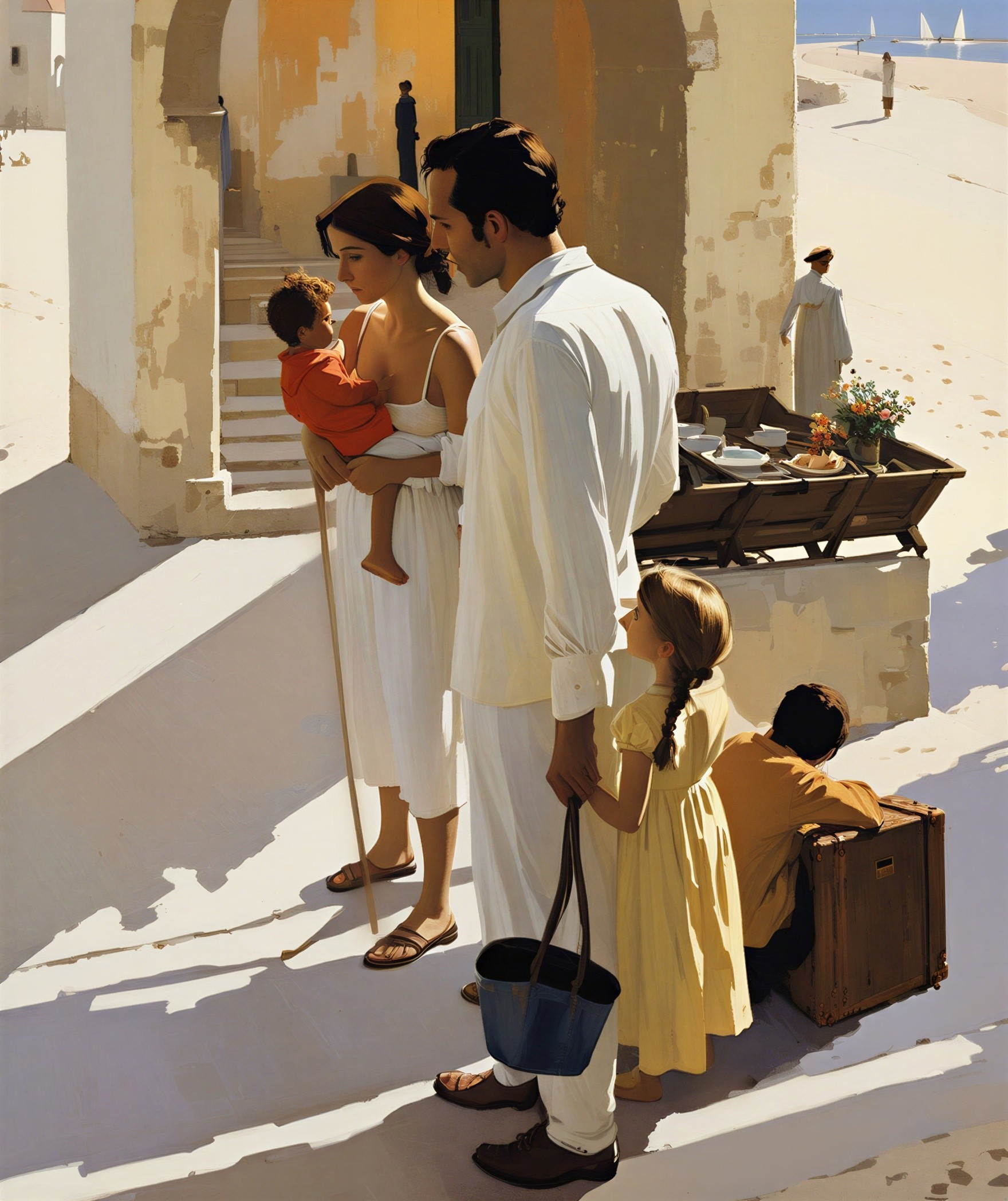 Serene Family Scene in a Sunlit Sandy Environment