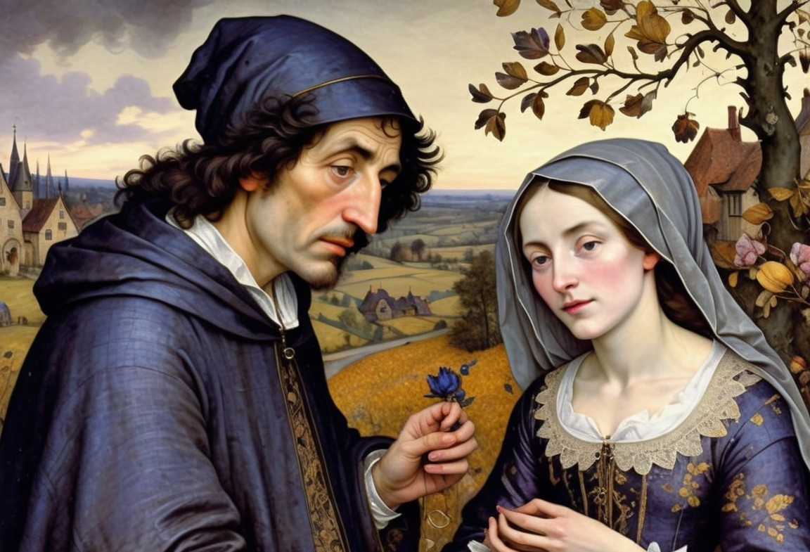 Romantic Painting of Couple in Serene Countryside