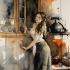 Painting of Three Women in Traditional Attire by Window