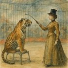 Vintage circus scene with tiger and elegant spectators