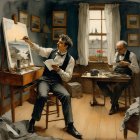Cozy Room Featuring a Man Painting a Landscape