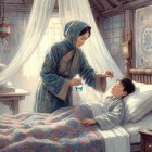 Watercolor Painting of Maid and Young Lady in Bedroom