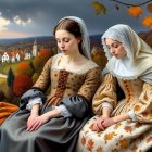 Elegant Women in Serene Landscape with Sunset
