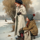 Two Girls in Winter Attire by Icy Landscape