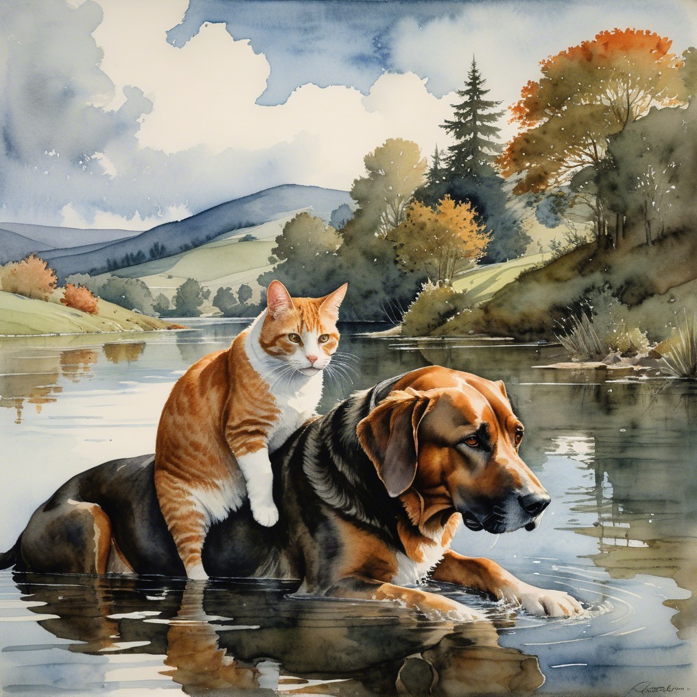 Watercolor of Dog and Cat in Tranquil Waters