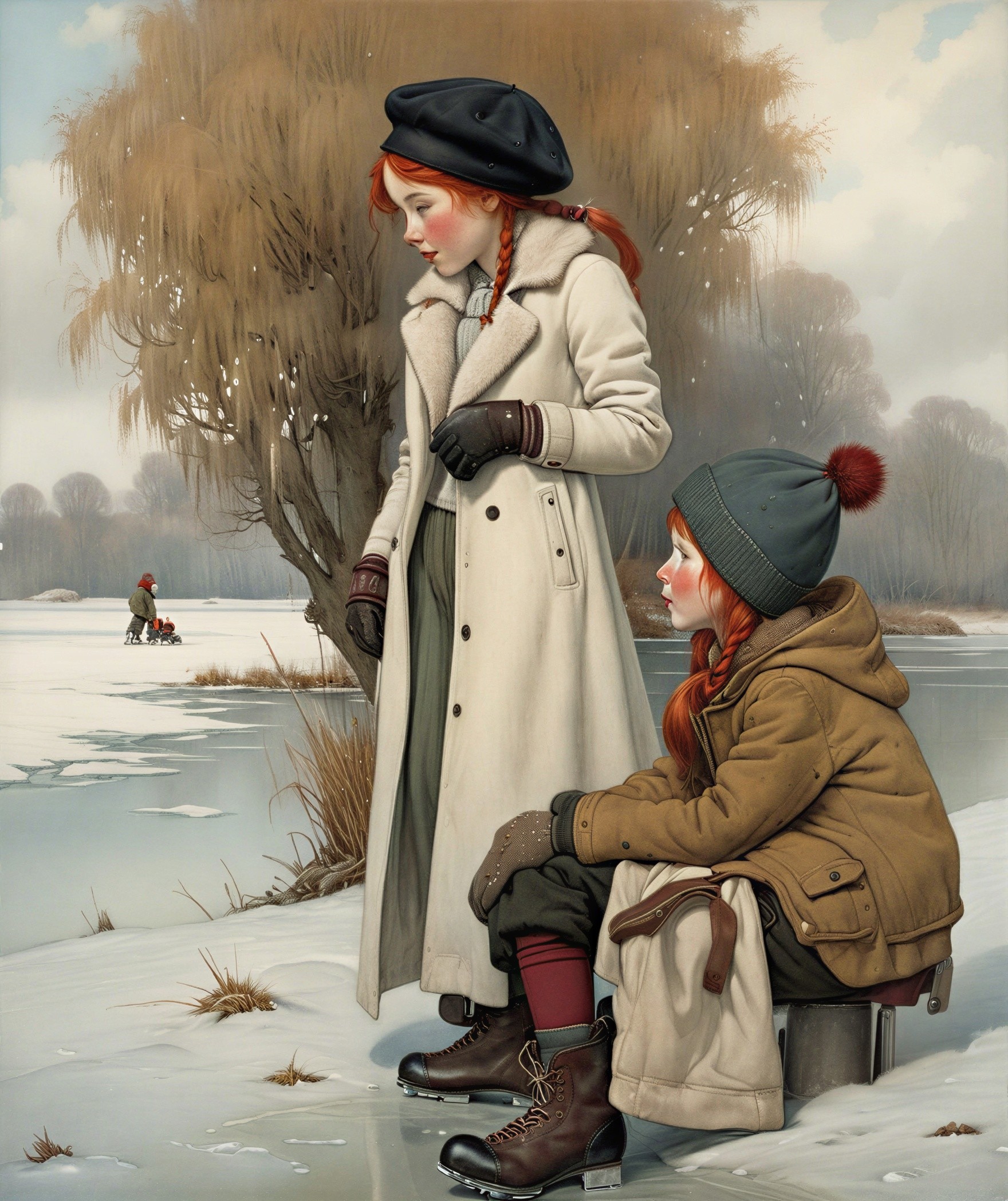 Two Girls in Winter Attire by Icy Landscape