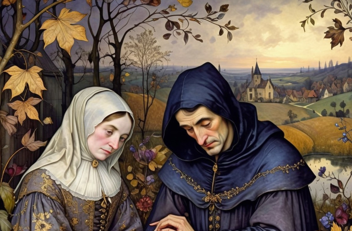 Somber Couple in Traditional Attire Amidst Autumn Landscape