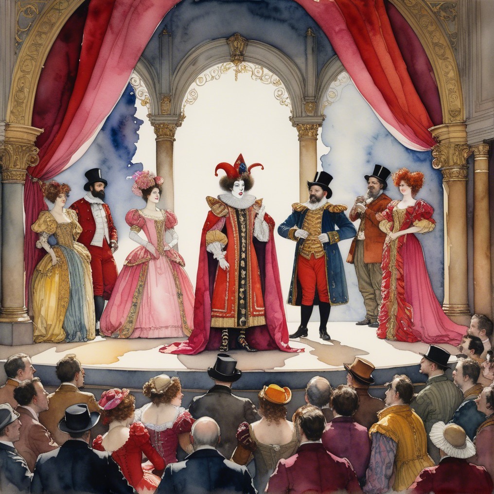 Vibrant Theater Scene with Historical Costumes and Audience