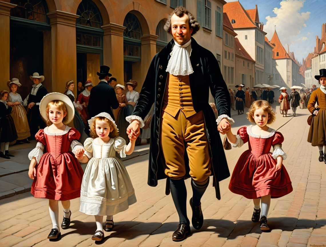 Historical Scene of a Man and Girls on Cobblestone Street
