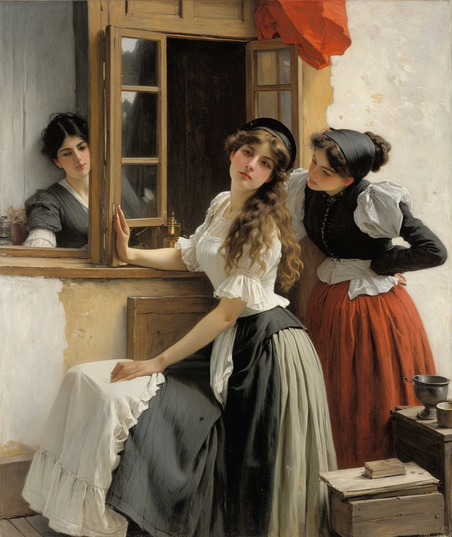 Painting of Three Women in Traditional Attire by Window