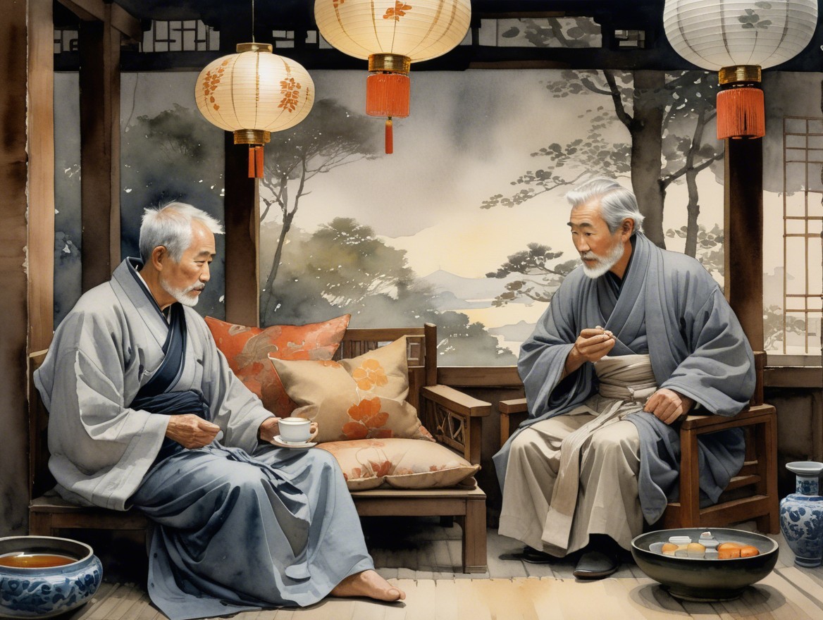 Elderly Men in Robes Enjoy Tea in Serene Setting