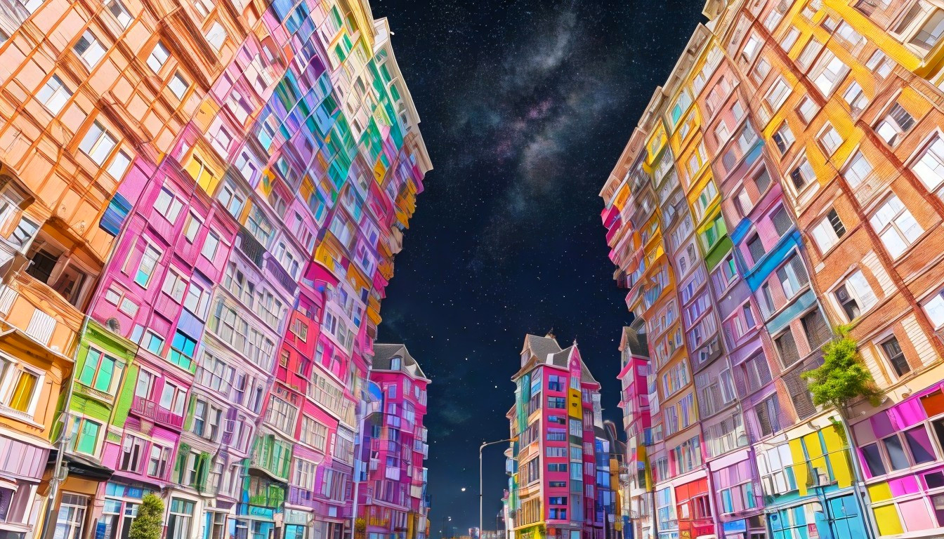 Vibrant Street Scene with Colorful Buildings and Sky