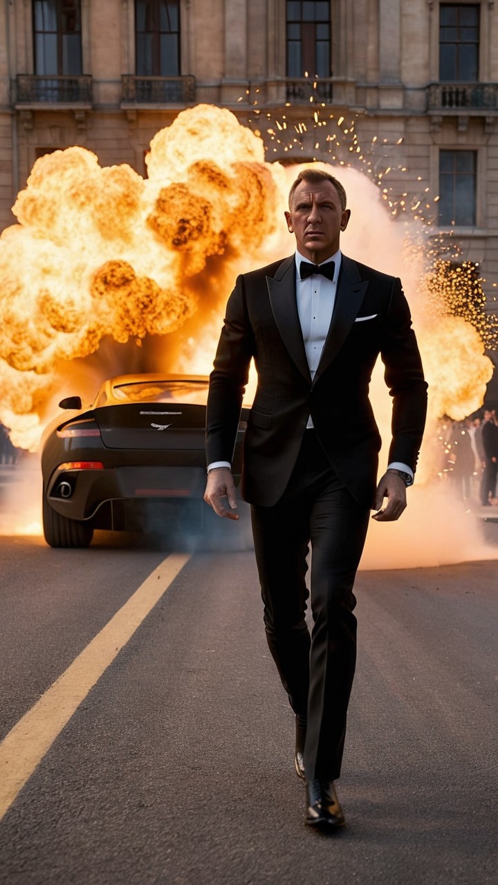 Man in Tuxedo with Explosion and Black Car Nearby
