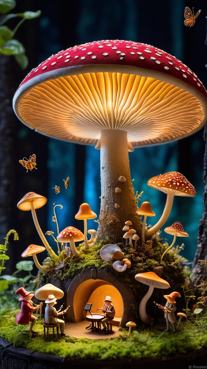 Whimsical Scene with Giant Mushroom and Miniature Figures