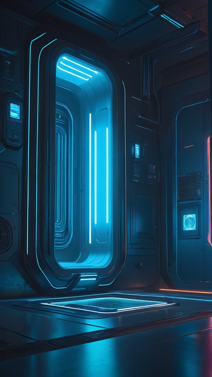 Futuristic corridor with neon lights and sleek design