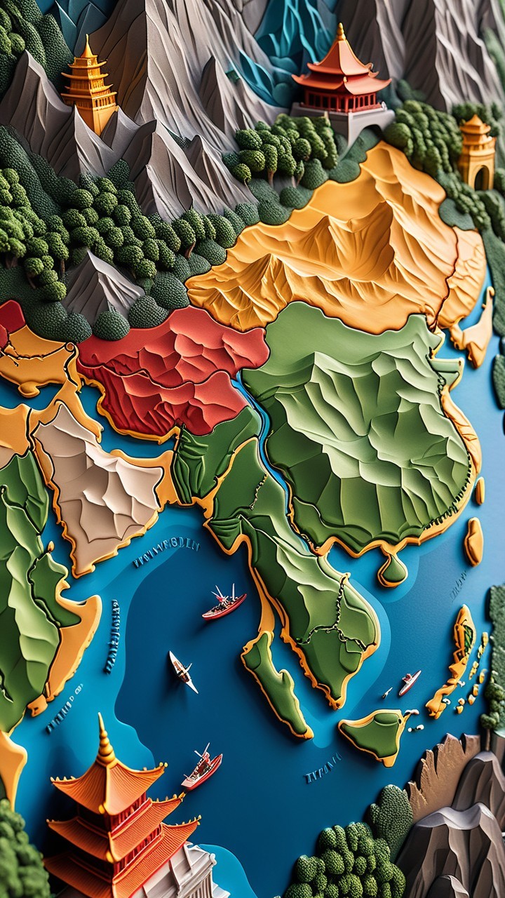 Colorful Topographic Map of Asian Geography