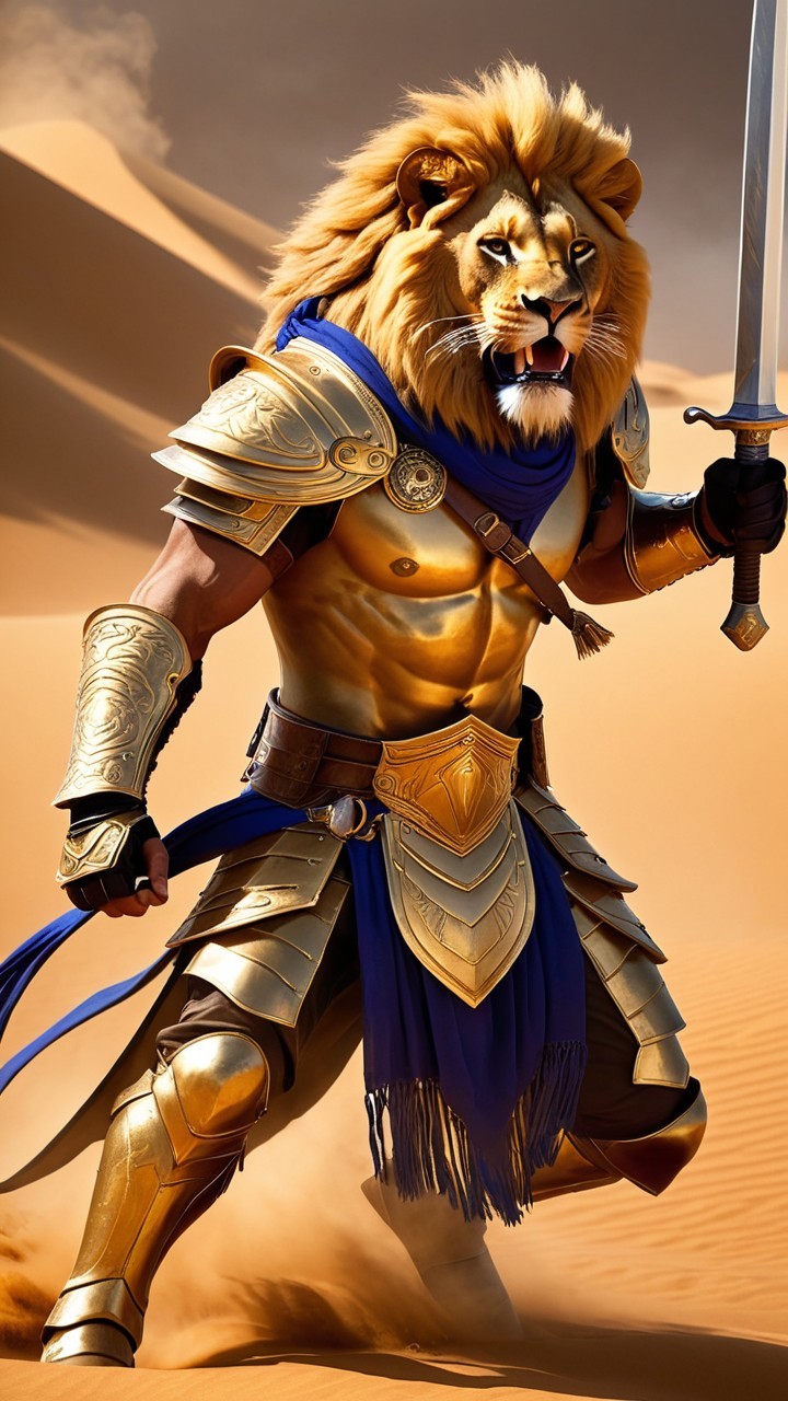 Warrior in Golden Armor Stands in Desert Landscape