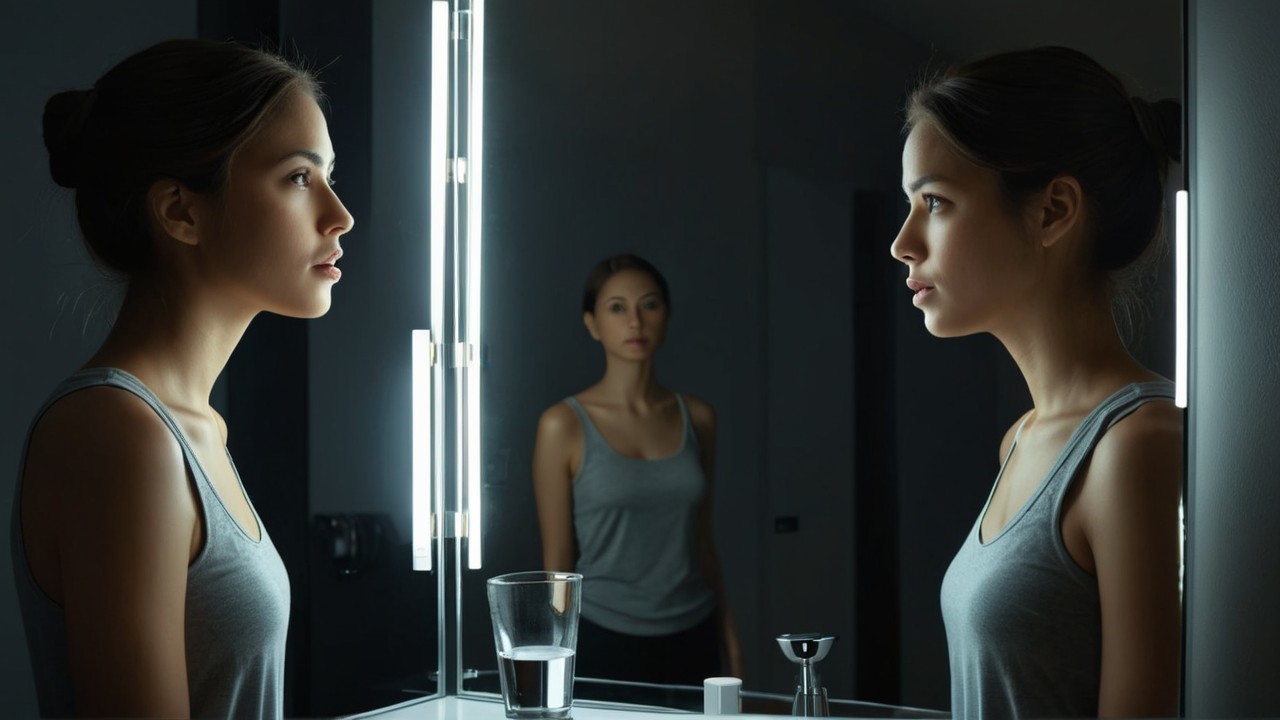 Young woman reflecting in a backlit mirror setting