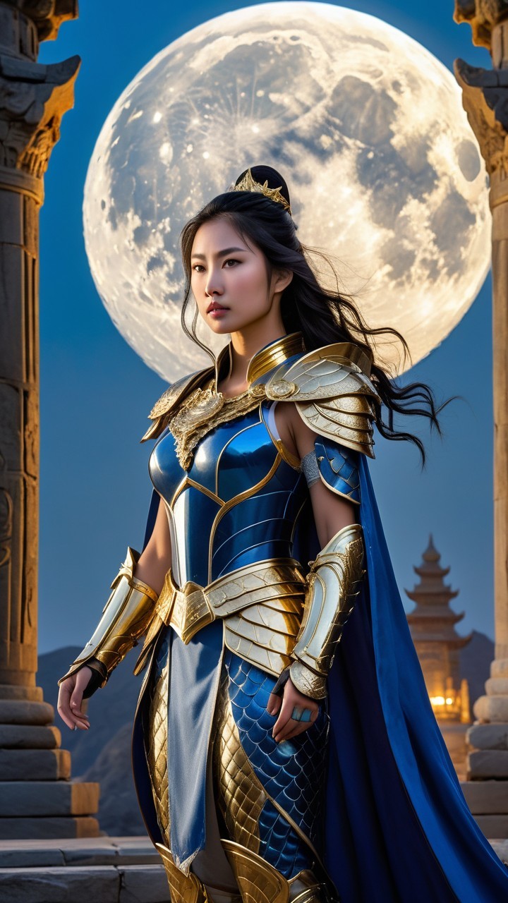 Warrior in Armor Against Full Moon Backdrop