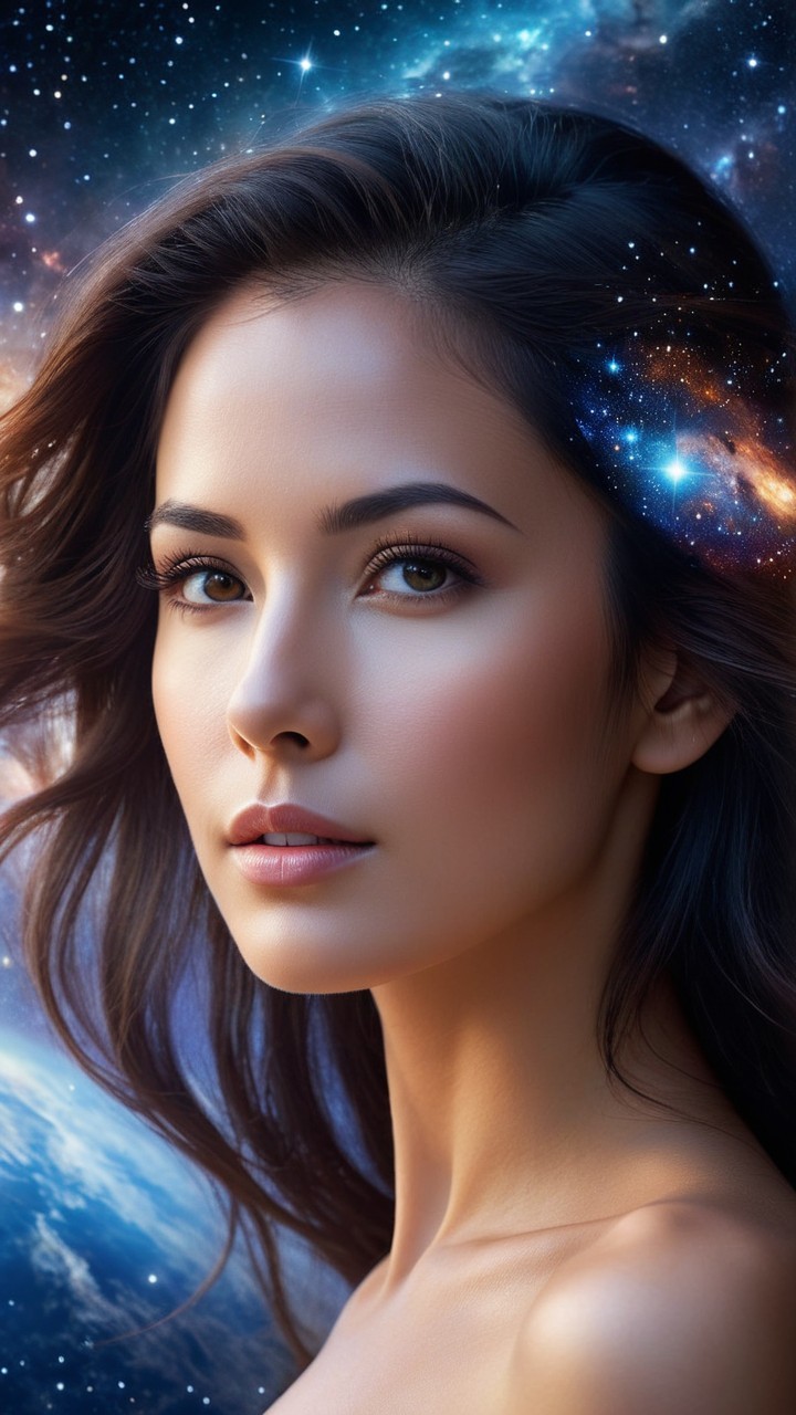 Portrait of a Young Woman Against a Cosmic Backdrop