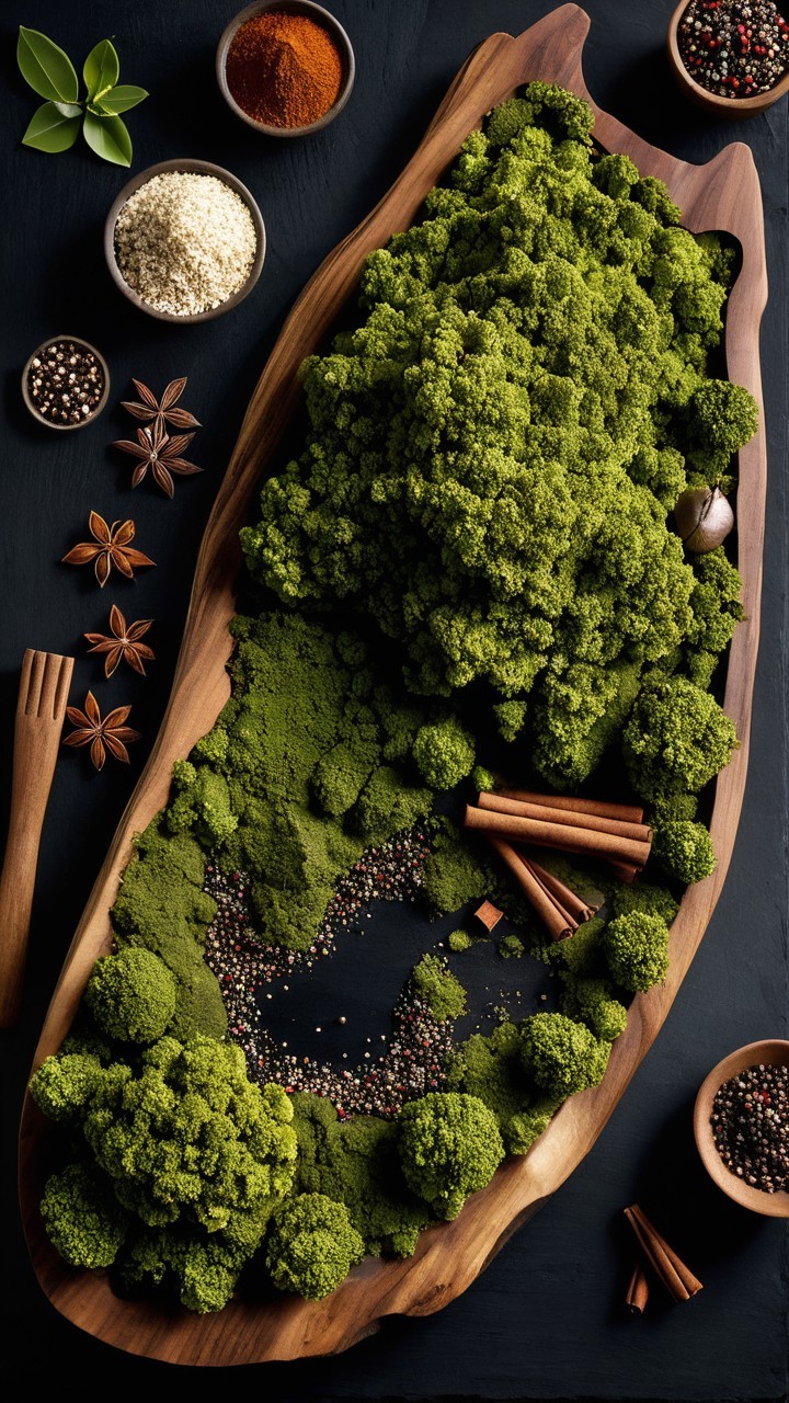Flat Lay of Wooden Tray with Spices and Moss