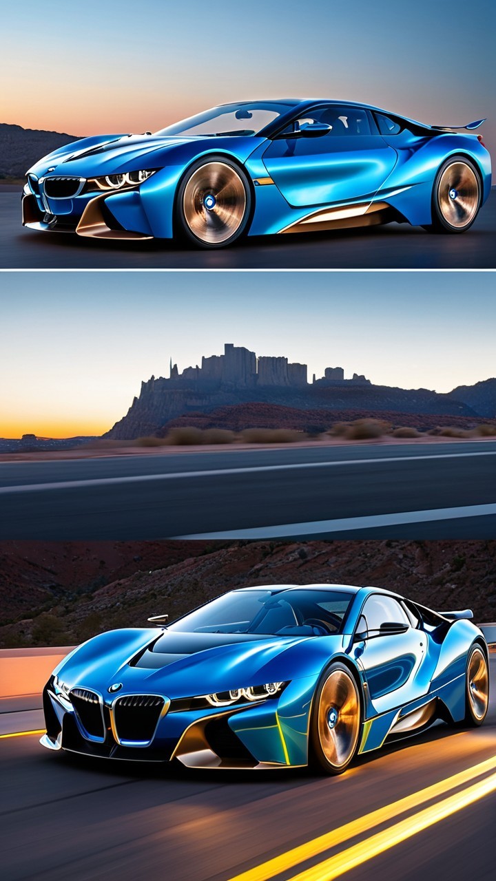 Blue Sports Car in Desert at Dusk with Golden Light
