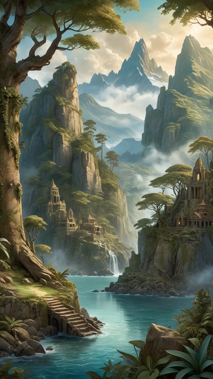 Serene Landscape with Mountains, River, and Ruins