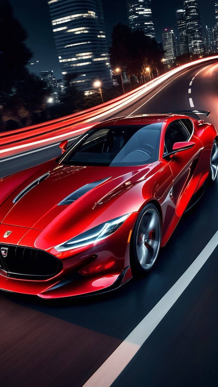 Red Sports Car on Modern City Street at Night