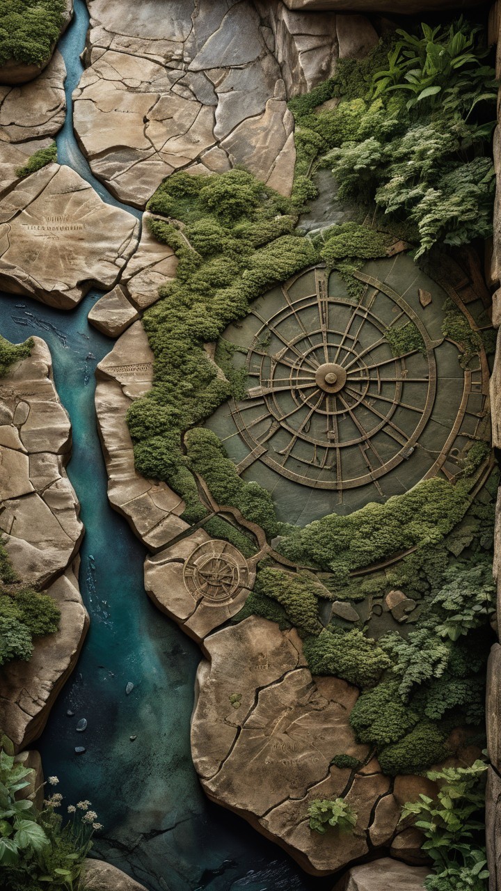 Textured Landscape with Circular Compass and River