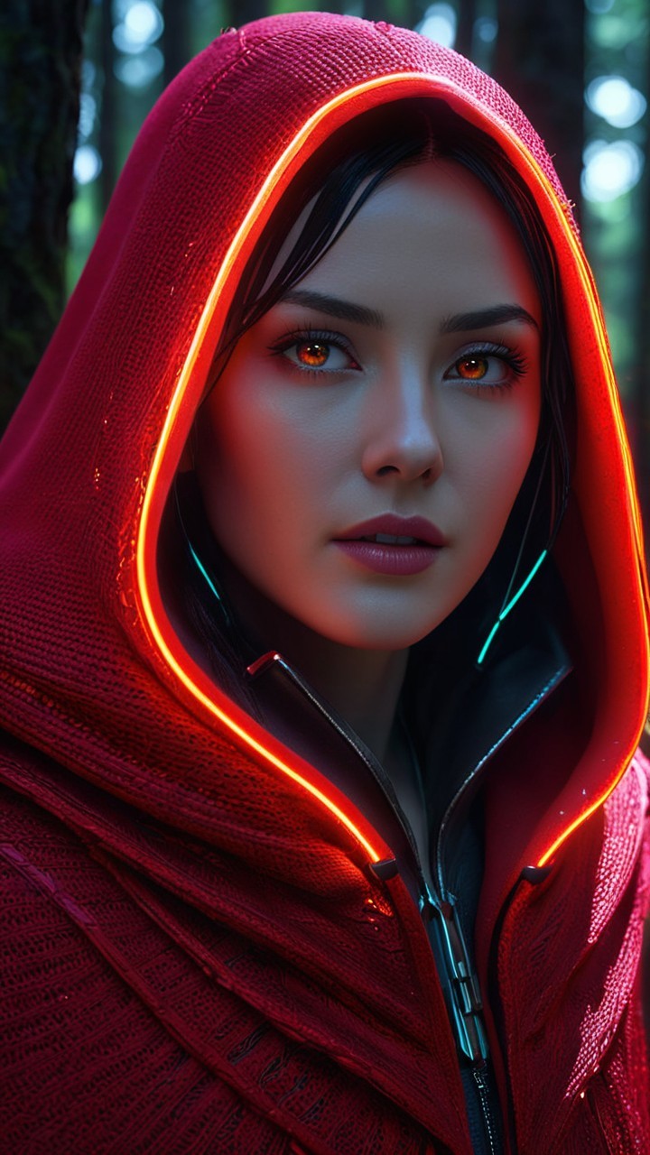 Young woman in red cloak amid enchanting forest scene