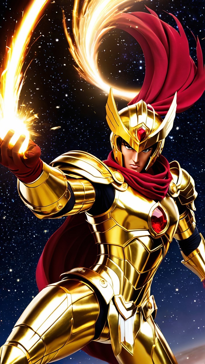 Warrior in Golden Armor with Flaming Energy Sphere