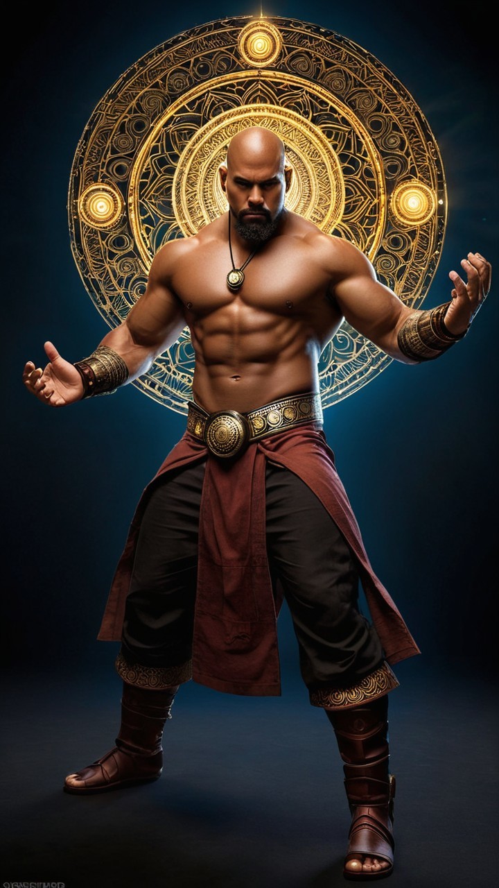 Muscular Figure in Ancient Attire with Mandala Background