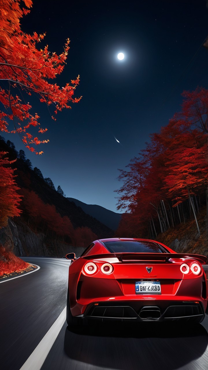Red Sports Car on Winding Road with Autumn Trees