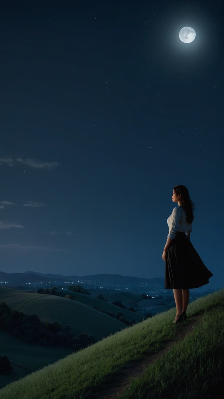 Serene Night Landscape with Woman and Full Moon